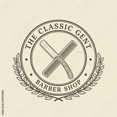 Vintage emblem logo for a barbershop named The Classic Gent. A detailed line art illustration of a vintage razor and comb, enclosed in a circular seal with the brand name. 