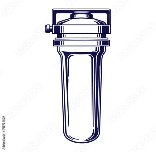 Detailed blue ink illustration of a water filter device for clean and pure water