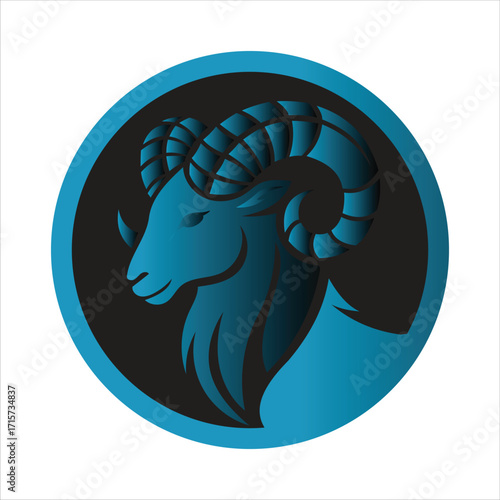 Stylized blue ram head profile in a circle, representing strength and determination