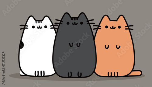 Three adorable cartoon cats with unique fur colors, white, black, and orange, are happily standing side by side on a plain background, showcasing their playful nature.