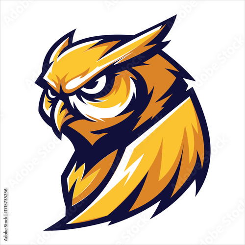 Aggressive yellow owl head logo with sharp features, isolated on white background