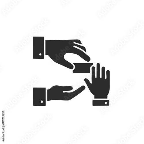 A minimalist black icon illustrates a clear business transaction, with one hand politely offering a card to another, signifying a professional interaction.