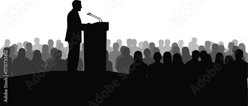 “Speaker Silhouette Vector Illustration – Black and White Side View of Public Speaking at Podium, Addressing Audience, Conference, Seminar, Workshop or Corporate Event, Leadership and Communication 