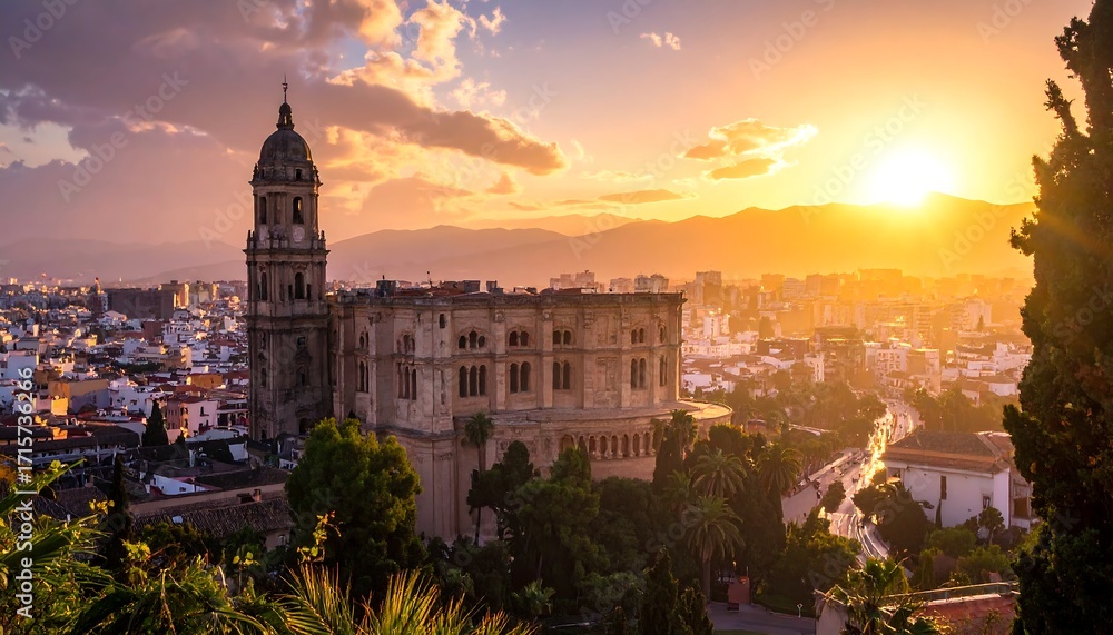 Obraz premium A breathtaking cityscape panorama at sunset, showcasing a grand cathedral and sprawling city below, bathed in warm golden hues.