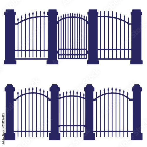 Vector illustration of two identical wrought iron fence and gate designs in silhouette