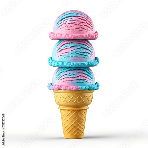 Tower of cotton candy ice cream scoops on a cone against a white studio background shot