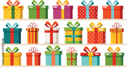 Decorated Christmas gift boxes set. Christmas present gift boxes on transparent background. Flat design style