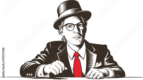 Cartoony line art stylish man in a suit with a bowler hat and red tie wearing glasses, seated at a table with a serious look
