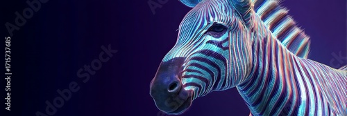 Colorful zebra with vibrant stripes against a striking purple background.