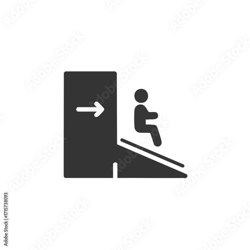 A minimalist black icon depicting a person seated on a stairlift or ramp, symbolizing essential accessibility and inclusive design for individuals with mobility impairments.