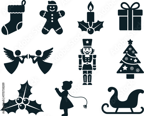 A diverse set of black silhouette icons representing traditional Christmas and winter holiday symbols, isolated on a white background for easy use in graphic design projects