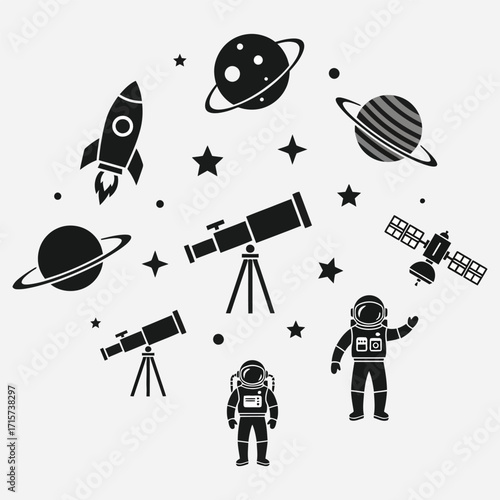 Exploring the Cosmos A Collection of Space Elements Including Planets, Rockets, and Astronauts