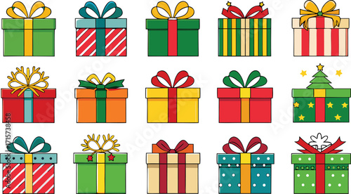 Christmas gift box collection, New Year presents, gift boxes on transparent background