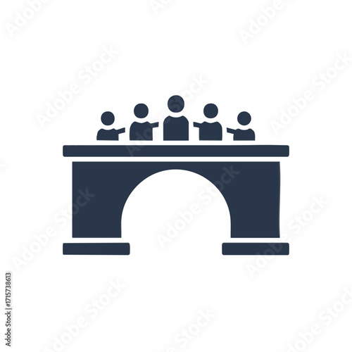 A professional graphic icon depicting five individuals behind a formal table, symbolizing a panel, jury, or board engaged in crucial discussions, judgments, and outcomes.