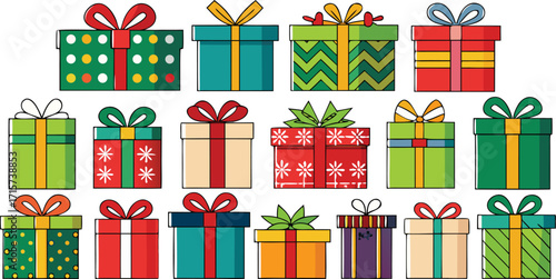 Christmas gift box collection, New Year presents, gift boxes on transparent background