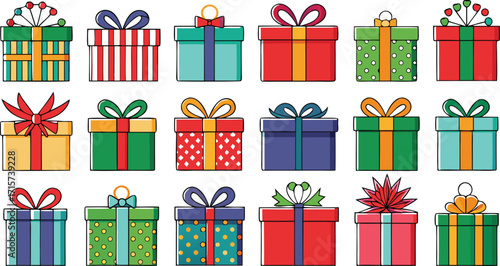 Christmas gift box collection, New Year presents, gift boxes on transparent background