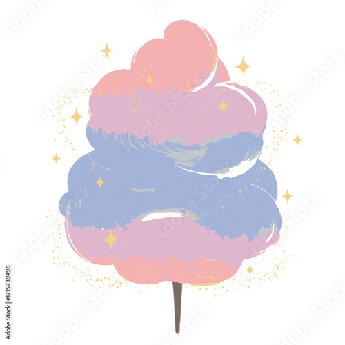 Colorful cotton candy with sparkling glitter on a stick against a