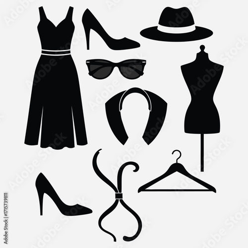 Elegant black silhouettes of women's fashion essentials including dresses, shoes, and accessories for stylish design projects