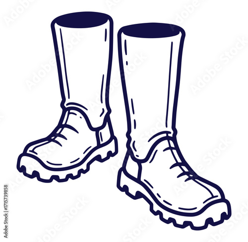 Illustration of a pair of detailed rubber boots suitable for outdoor activities and protection