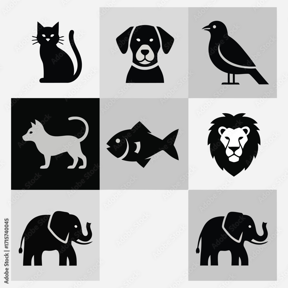 Obraz premium Collection of Animal Icons Cat, Dog, Bird, Lion, Fish, Elephant, and More