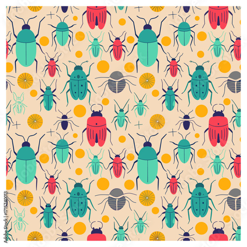 Sunburst Beetle Tapestry — seamless vector pattern of playful stylized beetles and halved citrus motifs in teal, coral, and mustard on warm beige; perfect for textiles, home decor, and packaging.