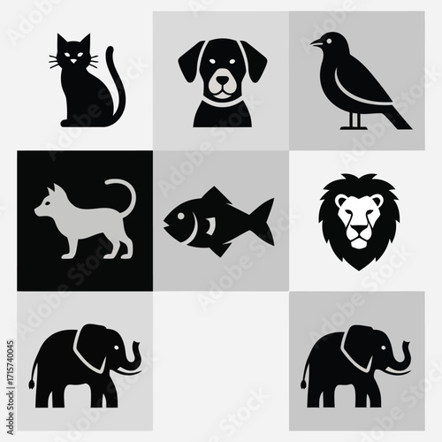 Collection of Animal Icons Cat, Dog, Bird, Lion, Fish, Elephant, and More