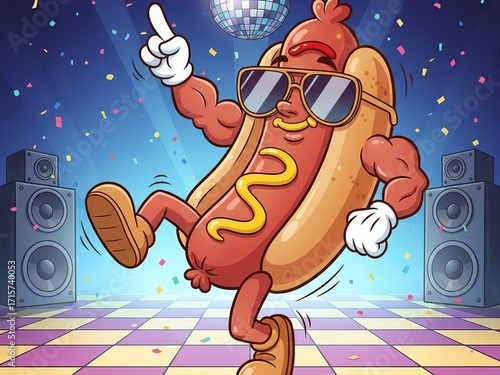 Cartoon hotdog sandwich with arms and sunglasses, dancing in a funny pose., funny cartoon character