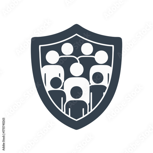 A bold graphic illustration featuring a shield encompassing a diverse group of stylized human figures, representing robust community protection and social security.