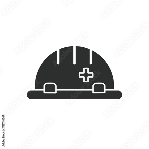 A stark black silhouette icon depicting a safety hard hat adorned with a prominent medical cross, symbolizing essential occupational health and workplace protection.