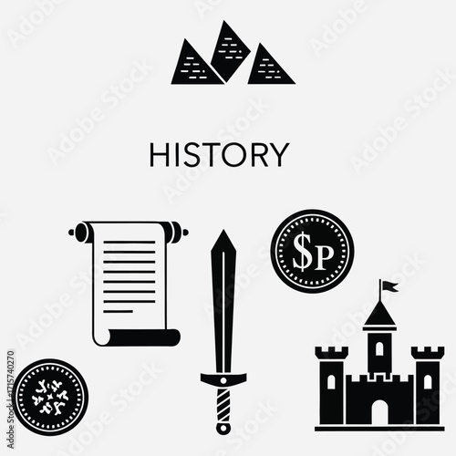 Collection of flat vector icons depicting symbols of ancient civilizations and medieval history