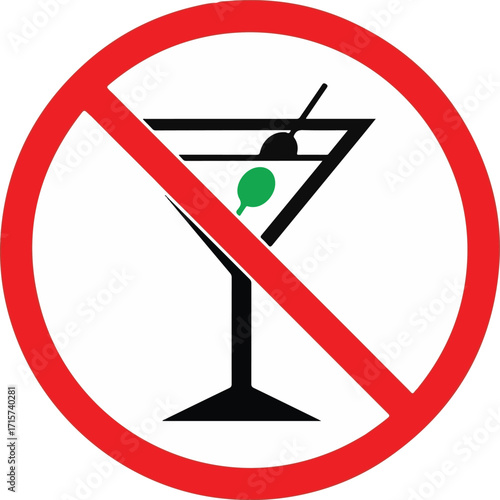 A prohibition sign featuring a martini glass with an olive inside a red circle and a diagonal line, indicating no alcohol or drinks allowed.