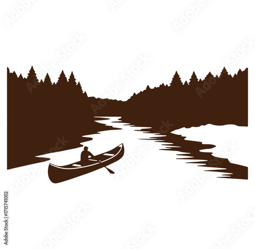 Silhouette of a person canoeing on a river surrounded by pine trees outdoors adventure