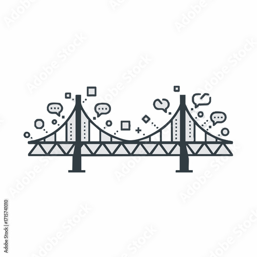 A conceptual illustration of a bridge symbolizing digital communication and global connection, with various data and speech bubble icons floating around it.