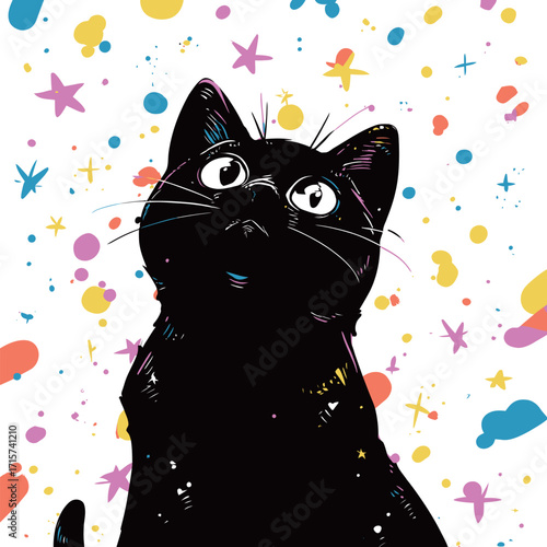 A black cat looks up with wide eyes, surrounded by bright colors, stars, and abstract shapes. The vibrant background adds energy to the curious felines expression.