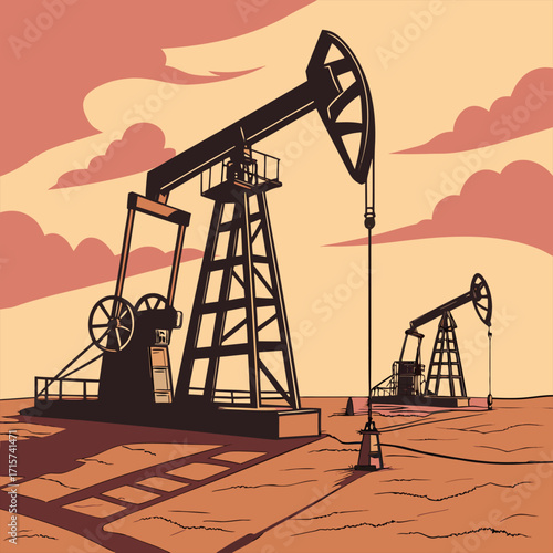 Field with oil pump jacks surrounded by greenery under sunlight
