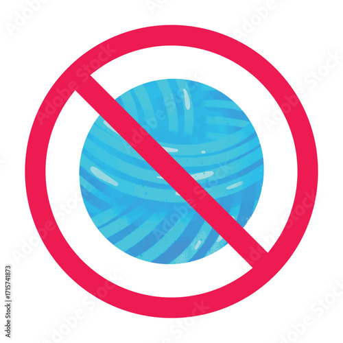 No yarn ball sign, forbidden knitting yarn ball sign, knitting yarn prohibited symbol, no knitting material allowed, vector illustration

