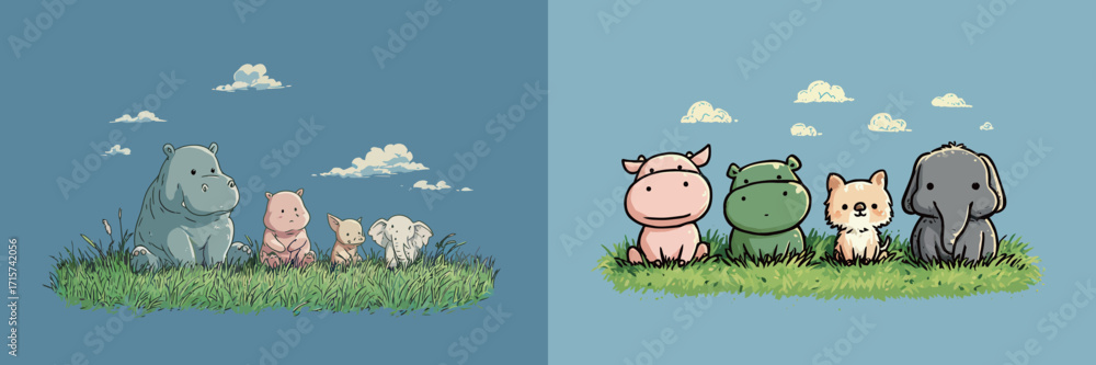 Obraz premium A group of adorable cartoon animals sits on green grass under a clear blue sky. They appear happy and peaceful, enjoying their day together.