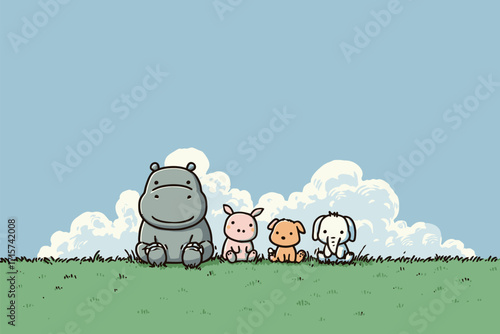 Four adorable cartoon animals sit happily on a green hill. A hippo, pig, dog, and elephant enjoy the sunny day together with fluffy clouds in the sky.
