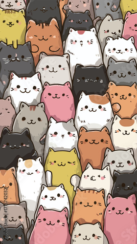 A lively collection of cats in various colors and patterns is arranged closely together. Each cat displays a unique expression, contributing to a playful atmosphere.