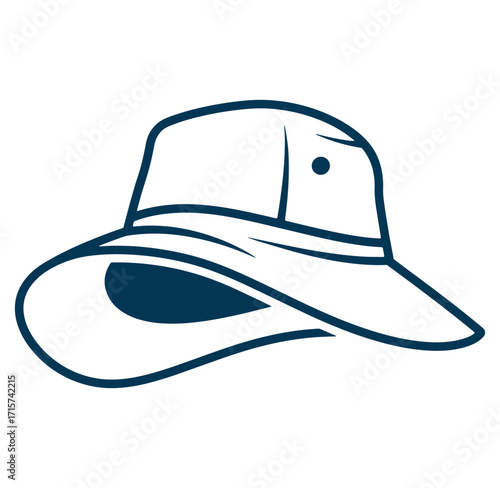 Simple outline illustration of a broad brimmed sun hat with a dark blue outline.