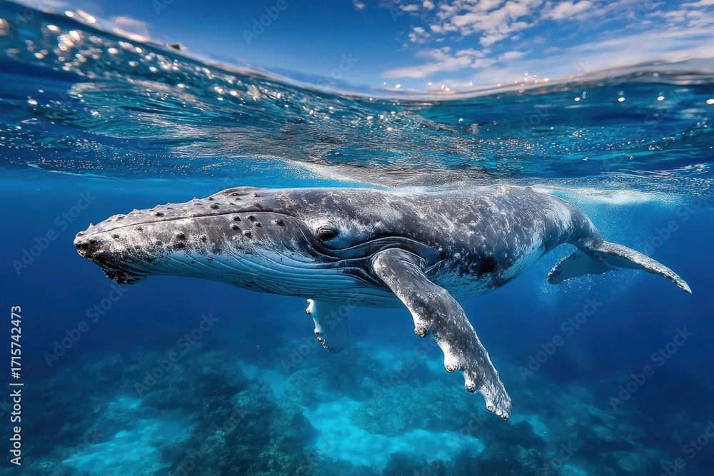 Naklejka premium Humpback Whale Underwater with Blue Sky Above