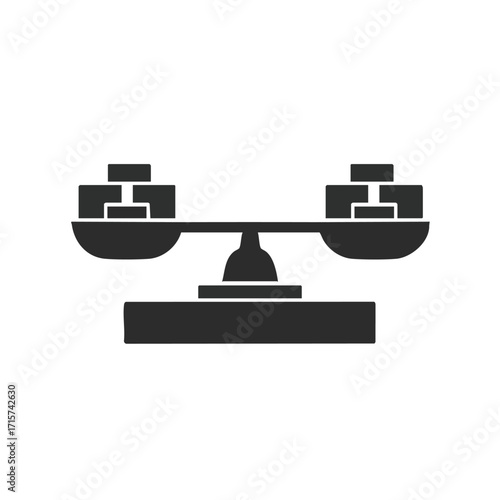 This minimalist black and white icon features a classic balance scale with equal weights, representing the fundamental principles of justice, fairness, and precise measurement.