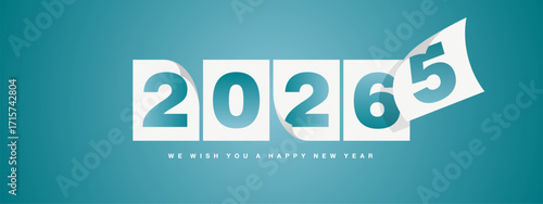 Happy New Year 2026 greeting card design template on sea green turquoise background. New Year 2026 start concept. The wind turns old calendar year and the new year begins