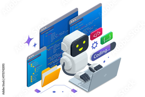 Isometric concept of AI coding assistant helping programmer write and optimize code. Artificial intelligence in software development. Programming and coding