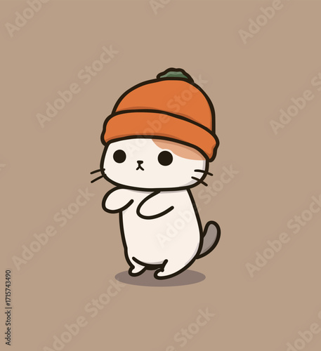 A small, cartoon-style cat with a white body and orange beanie stands on its hind legs. The background is a soft brown color, enhancing the cats cuteness and charm.