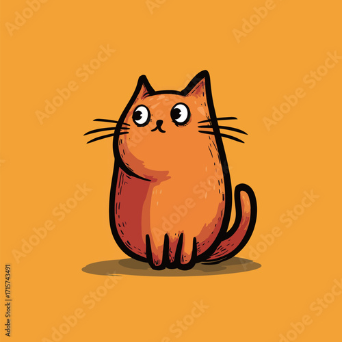 A cute orange cat sits calmly with wide eyes, watching its surroundings. The bright yellow background enhances the playful and cheerful mood of the scene.