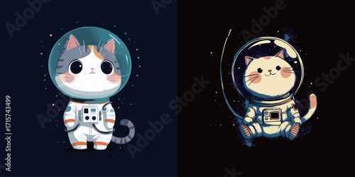 Two adorable cats wear space suits and helmets, showcasing cheerful expressions against a dark background. They appear ready for a fun adventure in outer space.