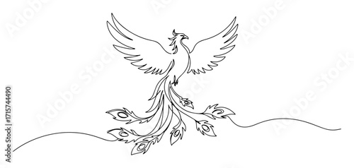 phoenix bird with ornamental tail line art