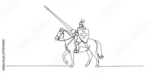 knight on horse with lance line art vector