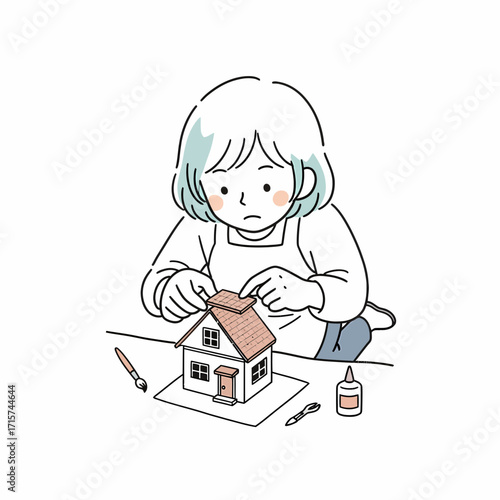 A Young Girl Engaged in Building a Model House with Glue and Paper